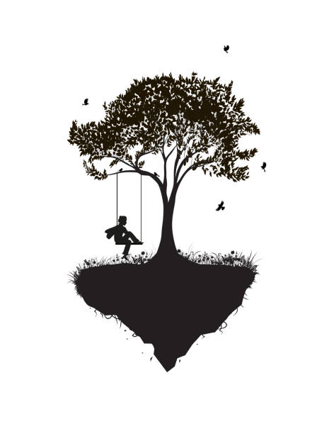Childhood memories, piece of childhood, boy on swing, park fantasy scene in black and white,  tree on flying rock, silhouette vector art illustration