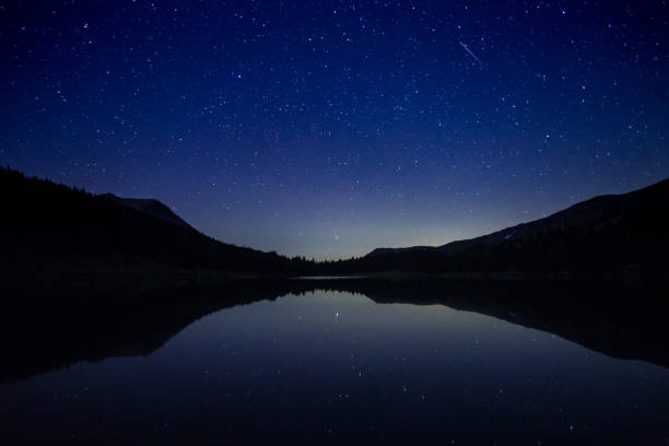 Long exposure of big sky full of stars over the lake.