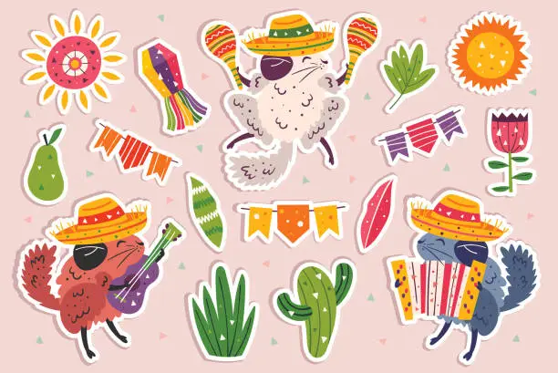 Vector illustration of Set of little cute chinchillas in sombrero with a guitar, maracas and button accordion. Mexican theme. Cactus. Yellow sun. Party. Flat colourful vector illustration, sticker isolated on background.