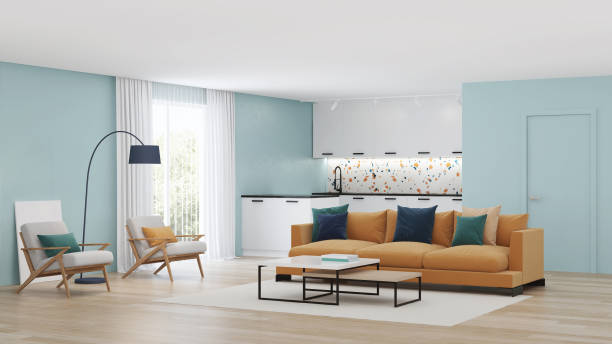 istock Modern bedroom interior with blue walls and a yellow sofa. Neo Memphis style interior. 3D rendering. 1224644579