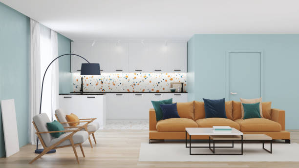 istock Modern bedroom interior with blue walls and a yellow sofa. Neo Memphis style interior. 3D rendering. 1224644588