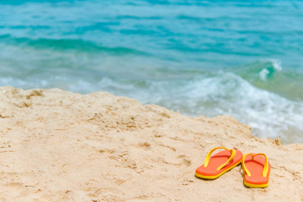istock Orange flip flops or slippers on the beach 1224655325