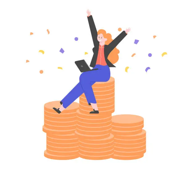Vector illustration of Joyful girl with a laptop sits on a stack of gold coins. Winning on the Internet, earning online. Vector flat illustration.