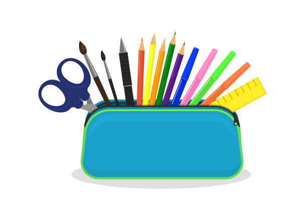 Open Pencil Case With Zipper Full Of Stationery Stock Illustration