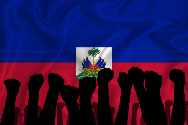 sylwetka podniesionych ramion i zaciśniętych pięści na tle flagi haiti. pojęcie władzy, konfliktu. z miejscem dla tekstu. renderowanie 3d - haiti flag republic of haiti flag of haiti zdjęcia i obrazy z banku zdjęć