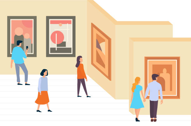 istock Exhibition visitors people walking and viewing modern abstract paintings at contemporary art gallery museum minimalistic vector illustration 1224660658
