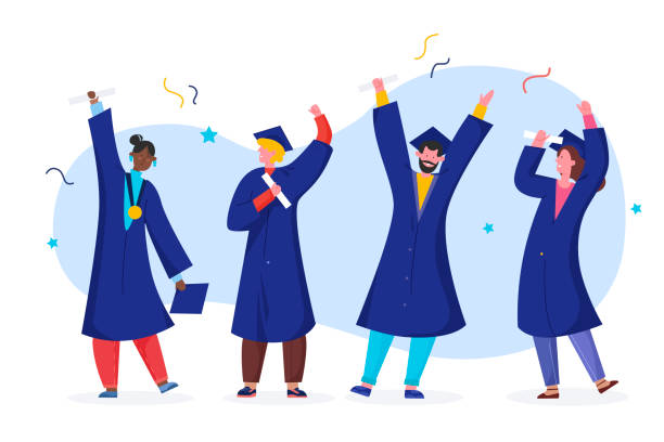 stockillustraties, clipart, cartoons en iconen met de gediplomeerde vectorillustratie van de student, beeldverhaal gelukkige vlakke afgestudeerde mensen in academische togarobe, graduatieglb dat diploma houdt dat op wit wordt geïsoleerd - flat cap