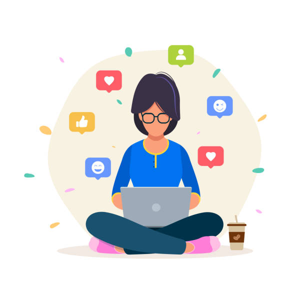 Cheerful female enjoying time on Social Media, Blogger, creative people, social network, background Cheerful female enjoying time on Social Media, Blogger, creative people, social network, background working patterns stock illustrations