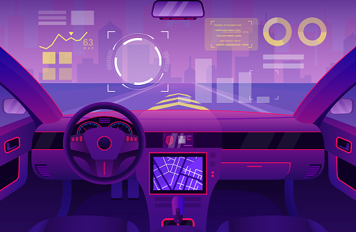 Futuristic Car Inside Interior Vector Illustration Cartoon Flat Automobile  Cabin Of Ui Future With Windshield Digital Interface Robot Assistance  Background Stock Illustration - Download Image Now - iStock
