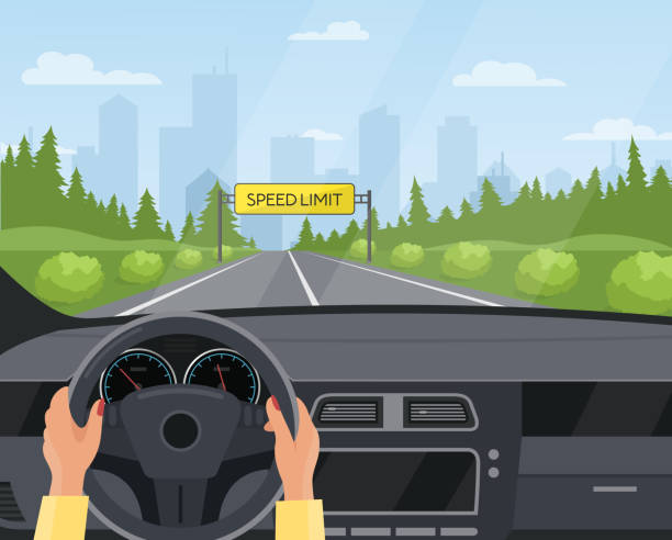 Driving car safety concept vector illustration, cartoon flat human driver hands drive automobile on asphalt road with speed limit, safe sign on highway background Driving car safety concept vector illustration. Cartoon flat human driver hands drive automobile on asphalt road with speed limit, safe sign on highway. Dashboard inside car interior view background driving illustrations stock illustrations