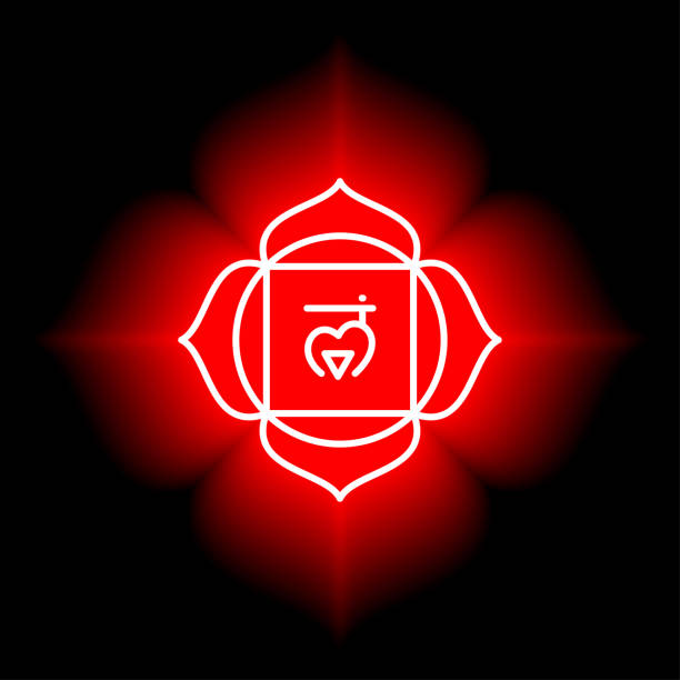 ilustraciones, imágenes clip art, dibujos animados e iconos de stock de icono de muladhara. el primer chakra raíz. brillo rojo vectorial y brillo. símbolo de línea. signo sacro. meditación - om symbol lotus hinduism symbol