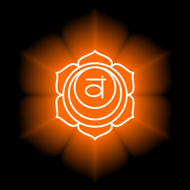istock Swadhisthana icon. The second sacral chakra. Vector orange gloss and shine. Line symbol. Meditation sign 1224665352