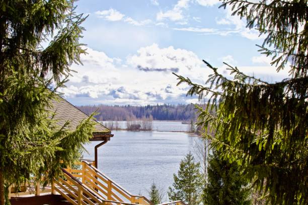 istock Modern wooden hilltop house with panoramic lake views. 1224665463