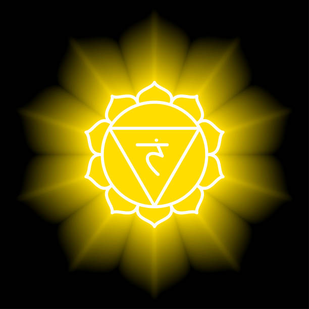 ilustraciones, imágenes clip art, dibujos animados e iconos de stock de icono de manipura. el tercer chakra del sol. brillo y brillo amarillo vectorial. símbolo de línea. signo sacro. meditación - om symbol lotus hinduism symbol