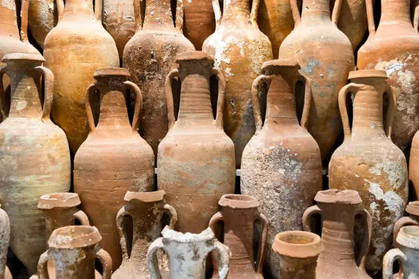 Photo of antique terracotta amphoras dated from fifth century common era