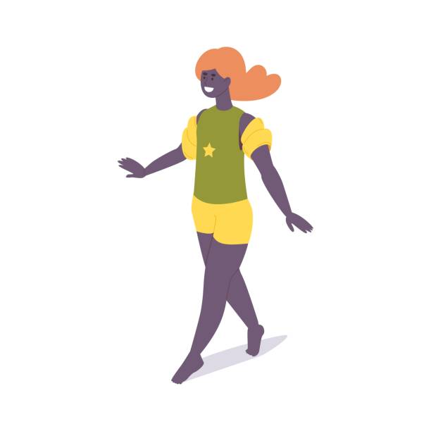 腕を着た小さなアフリカの女の子は、星と水着で歩いて浮かびます。アイソメ 3d イラストコンセプト - water wings点のイラスト素材／クリップアート素材／マンガ素材／アイコン素材