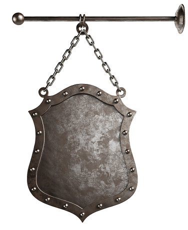 Medieval metal signboard with chains isolated on a white background. Clipping path included. 3d illustration.