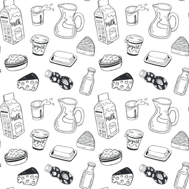 ręcznie rysowany wektorowy wzór bez szwu ze szkicem produkty mleczne - butter dairy product butter dish milk stock illustrations