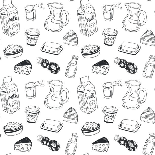 ilustrações, clipart, desenhos animados e ícones de padrão vetorial desenhado à mão com esboço produtos lácteos - butter dairy product butter dish milk
