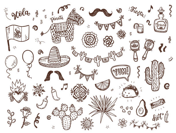 illustrazioni stock, clip art, cartoni animati e icone di tendenza di doodles disegnati a mano per la festa messicana, giorno dell'indipendenza, celebrazione di cinco de mayo. raccolta di elementi vettoriali per il tuo design. - mexico mexican culture cinco de mayo art