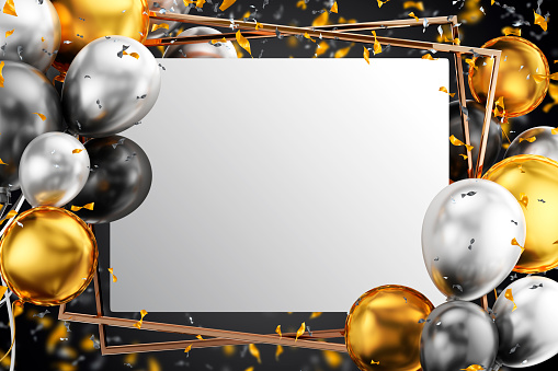 Paper table with gold and white balloon. Golden and white confetti with double golden frame. 3D Render.