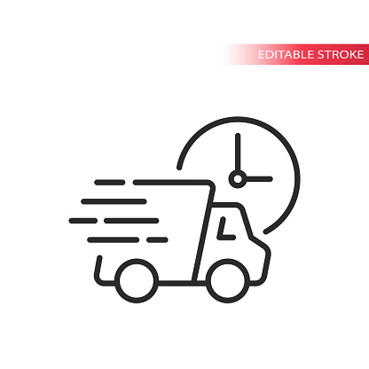 Fast delivery truck with speed lines and a clock thin line vector icon. Editable stroke.