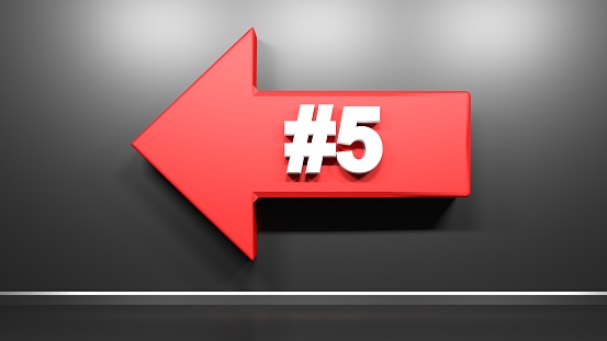 Red arrow to the left, with number 5, on black glossy wall - 3D rendering illustration