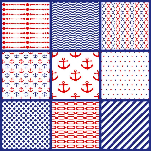 Vector illustration of Set of seamless marine motifs background. Chains, anchor, polka dots, spripes, lines, waves. Collection of nautical style patterns. Editable element for brush swatch. Different ornaments.