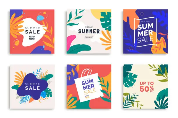 Vector illustration of Summer templates for promo posts on social media networks. Colorful summer banner set with tropical leaves. Stories template bundle. Use for product catalog, discount voucher, advertising.