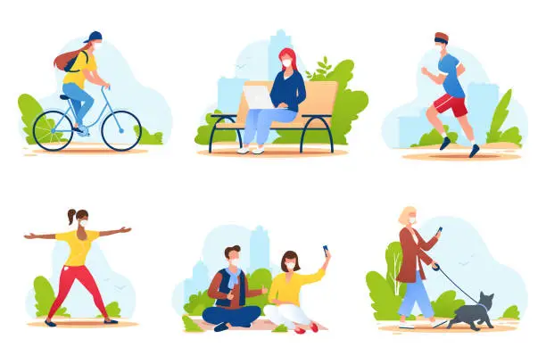 Vector illustration of People spend time in a city park. People in medical protective masks walk in nature, ride a bike, play sports, relax, etc. Summer outdoor activities. Social distance. Vector illustration.