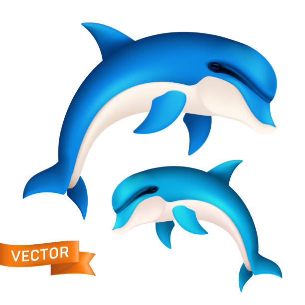 istock Realistic blue dolphin in motion. Vector illustration of cute jumping sea fish or swimming aquatic mammal isolated on white background 1224679124