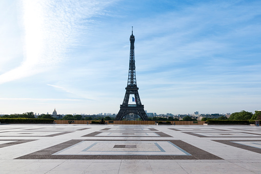 Eiffel Tower and Trocadero empty during pandemic Covid 19 in Europe. Usually crowded, there are no people, no tourists because people must stay at home and be confine. Schools, restaurants, stores, museums... are closed. Paris, in France. April 30th , 2020.