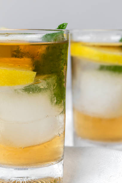 istock tea with ice, mint and lemon wedges on white table 1224688735