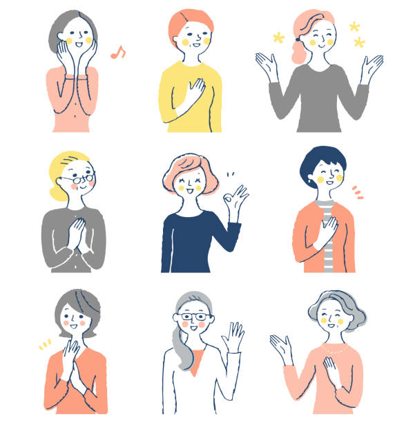 набор женщин среднего возраста с улыбающимся выражением лица - выше пояса иллюстрации stock illustrations