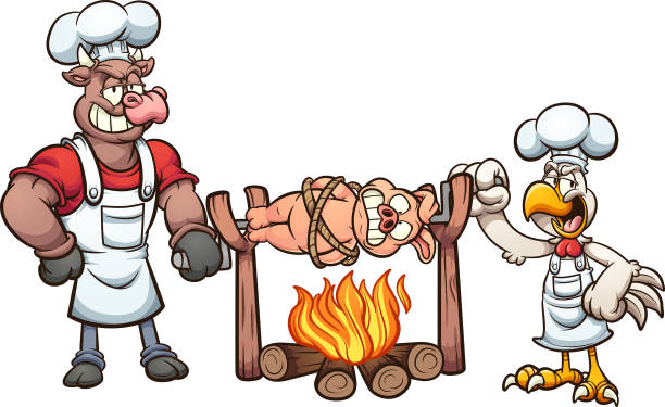 Roasting Pig Bull and chicken roasting a tied up pig. Vector cartoon clip art illustration with simple gradients. Some elementsa on separate layers. scared chicken cartoon stock illustrations