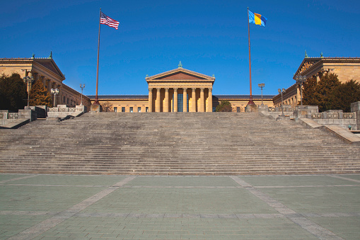 a photo of the Philadelphia Museum Of Arts 72 steps made famous from the rocky movie on a sunny afternoon with no people