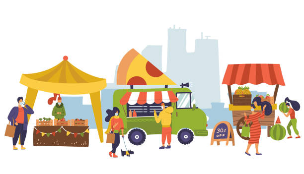 ilustrações de stock, clip art, desenhos animados e ícones de banner on farm market theme, organic food. street food festival. different vendors, local shop. farmers sell fresh vegetables, fruits. people buy food after coronavirus lockdown. flat vector design - farmers market illustrations