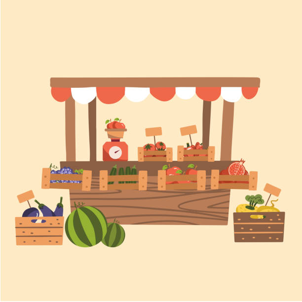 Local Autumn Products at Farmers Market. Organic Fruits, Vegetables at wooden market stall. Counter with scales. Flat vector illustration. Local Autumn Products at Farmers Market. Organic Fruits, Vegetables at wooden market stall. Counter with scales. Flat vector illustration vegetable stand stock illustrations