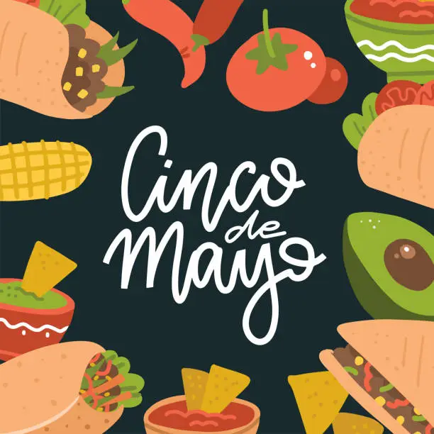 Vector illustration of Cinco de Mayo lettering banner with mexican food - Guacamole, Quesadilla, Burrito, Tacos, Nachos, Chili con carne and ingredient. Vector flat illustration on dark background