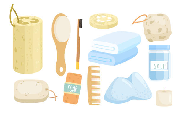 ilustrações, clipart, desenhos animados e ícones de conjunto de ilustração de acessórios de banho ecológico, coleção de banheiro sem lixo plano de desenho animado com pente de madeira ou escova de dentes, esponja loofah, sal marinho natural e ícones de sabão - hygiene bathtub symbol toothbrush