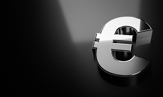 3D render of a silver Euro sign on a black striped background