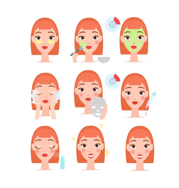 Vector illustration of Daily skin care vector illustration set, cartoon flat collection with beautiful adult woman face making beauty procedures, skincare routine in bathroom isolated on white