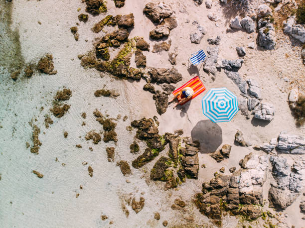 istock Aerial View Man on Untouched Beach 1224701975