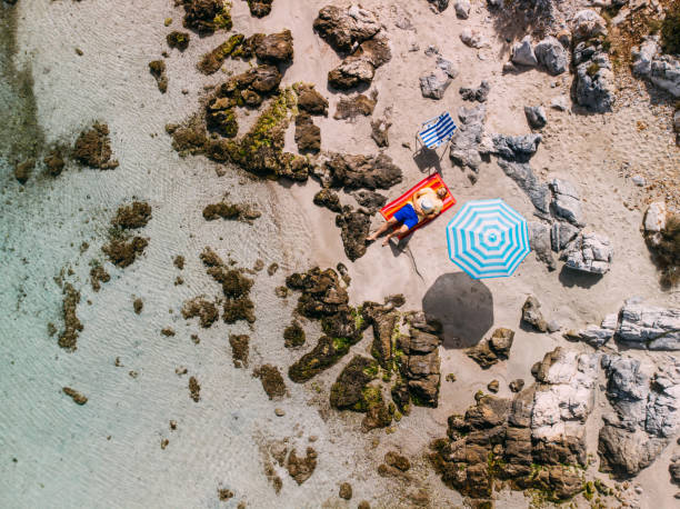 istock Aerial View Man Sunbathing on the Untouched Beach 1224702308