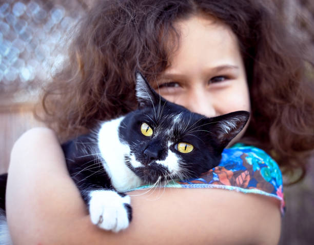 Girl with a cat. The girl hugs the cat. moroccan girl stock pictures, royalty-free photos & images