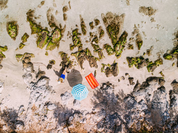 istock Aerial View Man Sunbathing on the Untouched Beach 1224705048