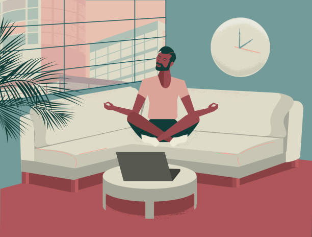 Working at home work and life balance concept Vector illustration of man sitting on couch taking a break by meditating. Home office. Includes high resolution jpg and editable Illustrator eps 10. meditation room stock illustrations