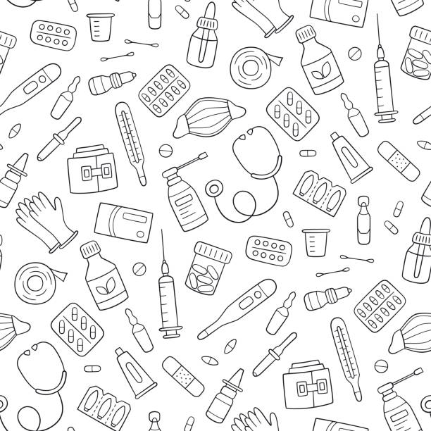 stockillustraties, clipart, cartoons en iconen met naadloos doodle patroon met medicijnen, drugs, pillen, flessen en medische elementen van de gezondheidszorg. - zalf tekening