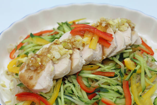 istock Appetizer of steamed chicken salad cooked at low temperature. 1224729398