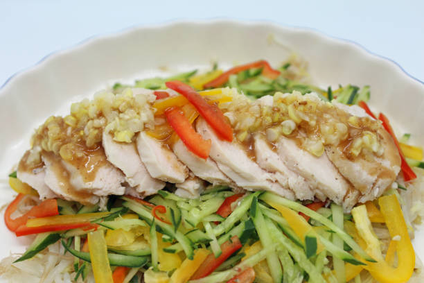 istock Appetizer of steamed chicken salad cooked at low temperature. 1224729931